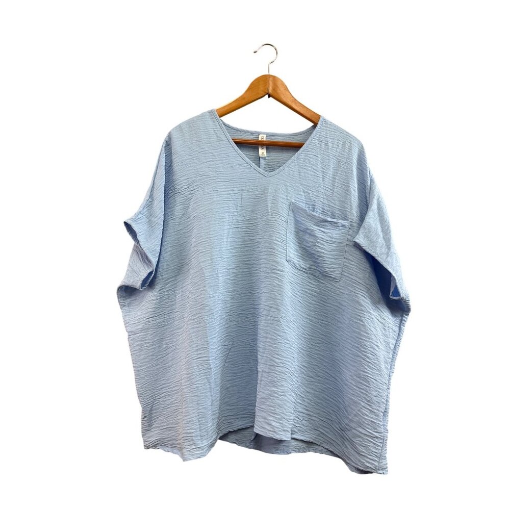 Zenana Womens Light Blue Oversized V-Neck Top W/ Pocket M